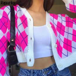 Sweet Pink Y2K Argyle Short Knitted Sweater Cardigan Women Jumper Warm 90s Long Sleeve Botton Cropped Top Autumn Winter Clothes 210510