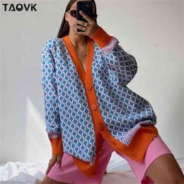 TAOVK Women's Knitting Cardigans Sweater Diamond Pattern Colour Contrast Loose Casual Knitted Cardigan Jacket 210914