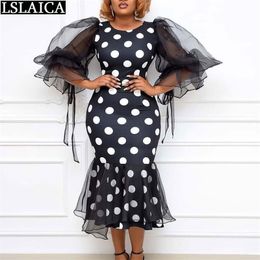 African Dress Skinny Formal Party Fashion Elegant Evening Mesh Patchwork Polka Dot Printing Bag Hip Fishtail Skirt 210515