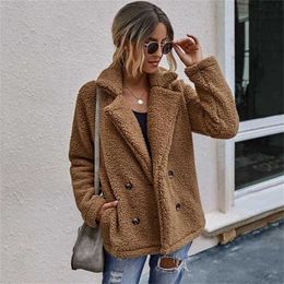 Autumn Teddy Coat Women Faux Fur Female Thick Warm Plush Jacket Long Sleeve Winter 211129