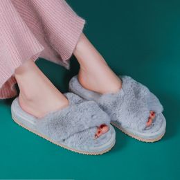 Indoor Women Slippers Soft Plush Faux Fur Platform Flat Heel Cosy Strap Home Comfort Room Floor Shoes Ladies Female Furry Slides