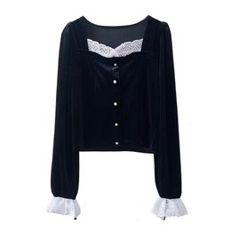 Women Black Velvet Slash Neck Long Sleeve Shirt Blouse Button Lace B0718 210514