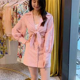 Women Summer Plaid Vintage Blazers Dress Long Sleeve Hollow Out Bow Tie Female Elegant Casual Mini Dresses Clothes Vestidos 210513