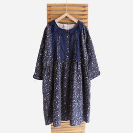 Lamtrip Unique Sweet Lace Stitch Flowers Print Loose Long Sleeve Cotton Dress Spring 210413