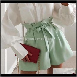 Womens Clothing Apparel Drop Delivery Casual Sash Belt Women Draped High Waist Shorts 2021 Chic Green Loose Streetwear Femme1 Jhlej