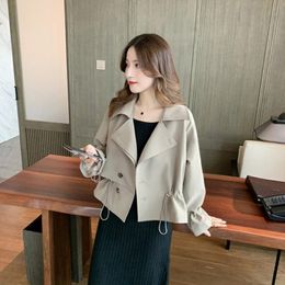 Women's Trench Coats Preppy Style Short Coat Female 2021Korean Spring And Autumn Top Loose Drawstring Bell Sleeve Fashion For Women