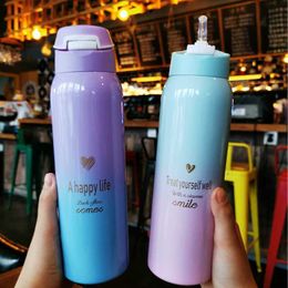 480ML Insulated Thermals Milk&coffee Cup18/8 Stainless Steel Thermos Straw Water Bottle Gradient Sports Vacuum Flask 210615