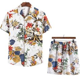 Leaf Men's Sets Short Sleeve Summer Casual Aloha Shirt Suit Plant Print Hawaiian Beach Shorts Set Oversize Streetwear 13+ Colours 210524