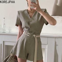 Korejpaa Women Sets Summer Korean Chic Ladies Retro V-Neck Loose Single Breasted Shirt High Waist Casual Wide Leg Shorts 210526
