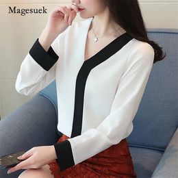 Fashion Chiffon Long Sleeve V-neck Women Tops Office Lady Shirt Blouse Patchwork 's Clothing Shirts Blusas D826 210518