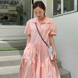Korejpaa Women Dress Summer Korean Fashion Chic Sweet Elegant Lapel Fold Loose Casual Bubble Sleeve Big Swing Vestido 210526