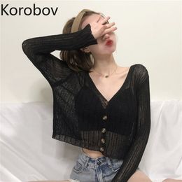 Korobov New Summer Thin Knitted Women Cardigans Korean Solid V Neck Long Sleeve Sweaters Vintage Sunscreen Suter Mujer 210430