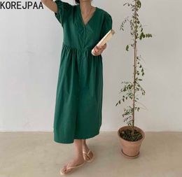 Korejpaa Women Dress Summer Korean Chic Ladies Simple Temperament V-Neck Single-Breasted Lace-Up Slim Puff Sleeve Vestidos 210526