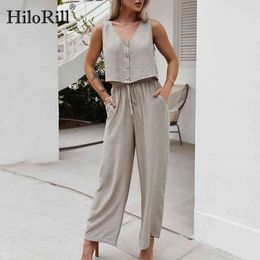 Summer Women Casual Two Piece Set Solid Colour V Neck Tank Crop Top Sets High Wasit Wide Leg Pants Holiday Outfits 210508