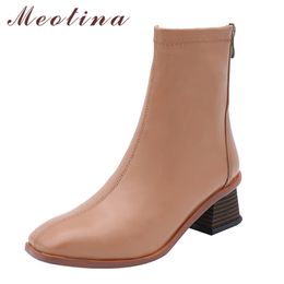 Ankle Boots Women Shoes Genuine Leather High Heel Short Square Toe Block Heels Zipper Ladies Autumn Brown 42 210517