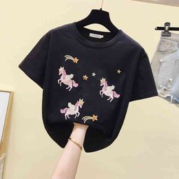 Women's O Neck Sequin Cotton Short Sleeves T-Shirt Summer Tee Girls Ladies Pullover Casual Tops Tees A2534 210428