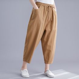 Women Cotton Linen Casual Ankle-length Pants New Spring Simple Style Solid Color Loose Female High Waist Harem Pants S3706 210412