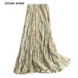 BOHO Green Floral print Rayon Wrinkle Long Skirt Holiday Women Elastic High Waist Ruched pleated Swing Skirts Beach 210629