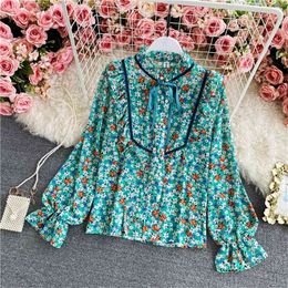 Spring Products Women's Floral Lace Chiffon Shirt Wooden Ears Stand Collar Loose Thin Puff Sleeve Top C154 210506