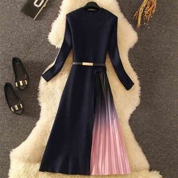 Autumn Winter Elegant Knitted Patchwork Pleated Long Dress Women Sleeve Office Lady Sweater With Belt Robe 210514