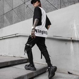 2020 New hip hop streetwear cargo ribbons pants men fitness clothing mens tousers overall casual pants drop shipping LBZ65 X0723