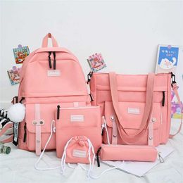 5 pcs sets canvas Schoolbags For Teenage Girls Women Backpacks Laptop keychain School Bags Travel Bagpack Mochila Escolar 211029