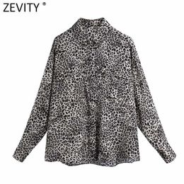 Zevity Spring Women Sexy Leopard Print Double Pockets Patch Smock Blouse Office Ladies Retro Shirts Chic Blusas Tops LS7510 210603
