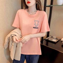 WWENN Summer Beading T shirt Women Tops Loose Casual White Tshirt Short Sleeve OverSize Tee Shirt Femme Yellow Black Pink 210507