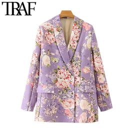 TRAF Women Fashion Double Breasted Floral Print Blazer Coat Vintage Long Sleeve Pockets Female Outerwear Chic Tops 210415