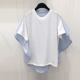 Fashion Striped Patchwork Irregular T Shirts Woman Summer Casual Loose Women Short Sleeve Tops Batwing Sleeve Tees 210514