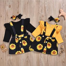 Baby Girl Clothes Ruffle Sleeve Romper Sunflower Skirt Headband 3pcs Sets Toddler Girls Suspender Skirt Suits Boutique Baby Outfits DW5145