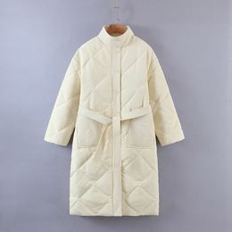 Winter Women Big Pocket Belt Warm Down Jacket Female Rhombus Plaid Solid Color Single-Breasted Button Long Coat 210520