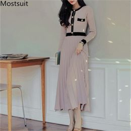 Autumn Korean Knitted Women Long Pleated Dress Sleeve Single-breasted A-line Dresses Elegant Ladies Vestidos 210513