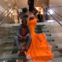 Halter Orange Mermaid Prom Dresses with White Lace Open Back Sexy Trumpet Party Gowns