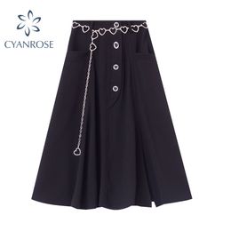 Mid-length Skirt Women Autumn Fashion Elegant Causal Streetwear Goth High Waist A-line Black Vintage Harajuku Gothic Skirt 210417