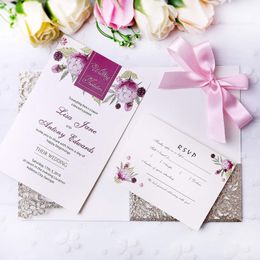 2021 New Wedding Gold Glitter Invitations Cards With Burgundy Ribbons For Wedding Bridal Shower Engagement Birthday Graduation Invite