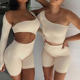 FQLWL Summer Streetwear Bodycon 2 Two Piece Sets Women Outfits One Shoulder Long Sleeve Crop Top Casual Biker Shorts Tracksuit X0428