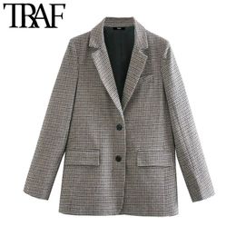 TRAF Women Fashion WIth Pockets Houndstooth Blazer Coat Vintage Long Sleeve Back Vents Female Outerwear Veste Femme 210415