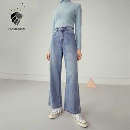 FANSILANEN Casual streetwear blue wide leg jeans Women boyfriends high waist Female autumn winter denim vintage pants 210607