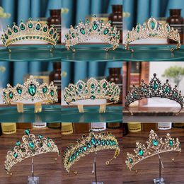 Trendy Green Crystal Rhinestone Baroque Vintage Tiara And Crowns For Queen Princess Bridal Wedding Hair Accessories Gift Jewellery H0827