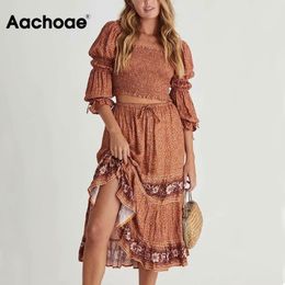Women Chic Floral Print 2 Piece Set Ruffle Long Sleeve Cropped Blouse With High Waist Midi Skirt Ladies Boho Outfits 210413