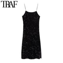 TRAF Women Sexy Fashion Sequin Side Slit Mini Dress Vintage Backless Thin Straps Party Female Dresses Vestidos Mujer 210415