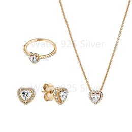 2021 Popular 925 Sterling Silver 14k Gold Elevated Heart Ring Stud Earrings Necklace Set Fit DIY Jewellery For Women