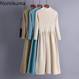 Nomikuma Half Turtleneck Sweater Dress Women Solid Colour Long Sleeve High Waist Knitted Dresses Basic Autumn Winter Clothes 210514