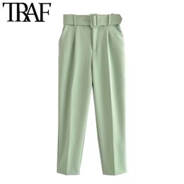 TRAF Women Chic Fashion High Waist With Belt Pants Vintage Zipper Fly Pockets Office Wear Female Ankle Trousers Mujer 210925