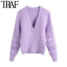 TRAF Women Fashion With Faux Pearl Buttons Knitted Cardigan Sweater Vintage Lantern Sleeve Female Outerwear Chic Tops 210415