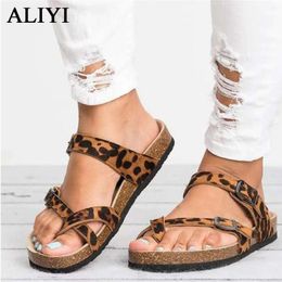 Summer Beach Shoes Women 2021 Leopard Pattern Cross Ladies Flat Slippers 43 Big Size Female Comfortable Sandals