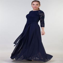 Long Navy Blue Chiffon Mother's Dresses With Sleeves Modest Lace Prom Dress Mother Of The Bride Dress Formal Gown