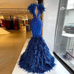 More Feather Chic Mermaid Prom Dresses Sleeveless Royal Blue Flower Evening Dress Custom Made Lace Appliques Celebrity Party Gown