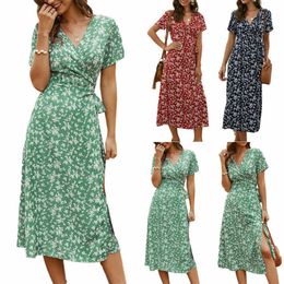 Women's Dresses Party 2021 Floral Printed Short Sleeve Maxi Dress Boho Beach Holiday Summer Sundress Women Clothing X0521